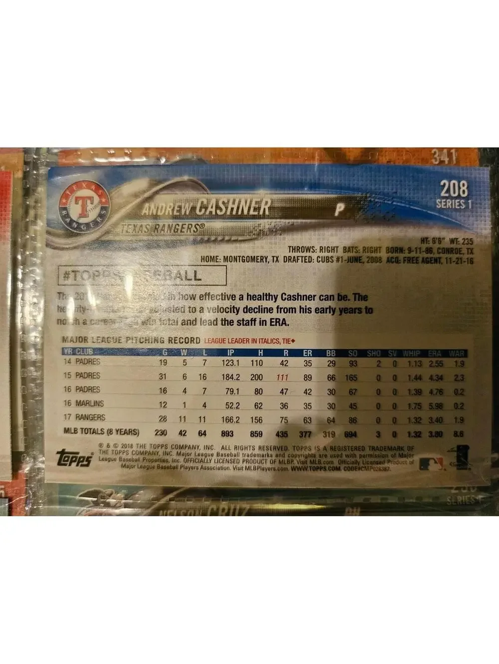 2018 Topps Rainbow foil insert- Andrew Cashner - #208 - Rangers -RAW Mint - Picture 2 of 2